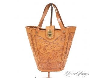 EXPERT QUALITY VINTAGE SOUTHWESTERN HAND TOOLED LEATHER TURNLOCK UNLINED TAN BUCKET BAG