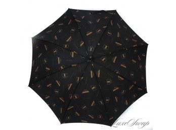 THE STAR OF THE SHOW! AUTHENTIC VINTAGE 1990S FENDI BLACK FULL SIZE UMBRELLA WITH ICON HANDBAG LOGOS