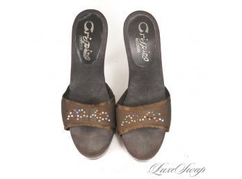 BLING BLING! SUPER CUTE CRISPINO RICCIONE CIGAR BROWN BLACK FABRIC CRYSTAL EMBELLISHED SANDALS 37 / 7