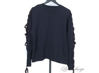 MEGA EXPENSIVE ACNE STUDIOS 'DORIS B' BLACK CREWNECK SWEATSHIRT WITH BRAIDED SHOELACE SLEEVE DETAILS S