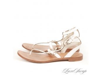 SO PRETTY : AUTHENTIC PRADA MADE IN ITALY WHITE SAFFIANO LEATHER THONG STRAPPY SANDALS 38.5 / 8.5