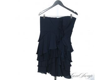 PERFECTION : ALI RA MODERN NAVY BLUE CHIFFON PLEATED TIERED RUFFLED STRAPLESS DRESS 8