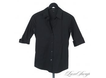 THE PERFECT BLACK SHIRT? THEORY STRETCH COTTON BLACK PLUNGING NECK SELF ROLLED SLEEVE SHIRT S