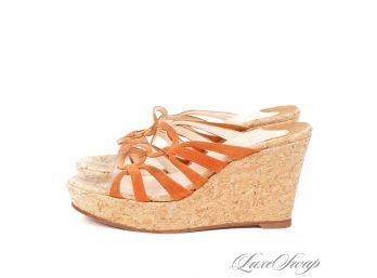 THE STARS OF THE SHOW! AUTHENTIC CHRISTIAN LOUBOUTIN PARIS SPICE ORANGE SUEDE CORK PLATFORM SANDALS 37.5 / 7.5