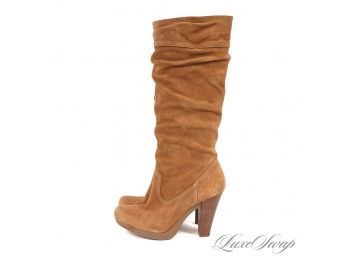 WINTER PERFECT! MICHAEL KORS CAMEL SUEDE SCRUNCHY RUCHED RUBBER SOLE TALL BOOTS