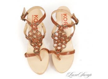 THE GOOD STUFF! MICHAEL KORS MADE IN ITALY CARAMEL LEATHER BRASS RING LINKED WOOD SOLE SANDALS 6.5