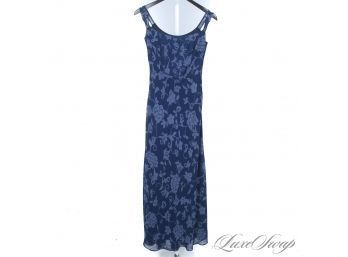 NEAR MINT ABS ALLEN SCHWARTZ DEEP BLUE CHIFFON ALLOVER FLORAL PLEATED TOP GOWN DRESS 2