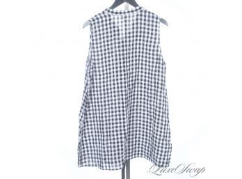 BRAND NEW WITH TAGS $148 EILEEN FISHER BLACK WHITE GINGHAM LINEN MANDARIN COLLAR TUNIC TOP L