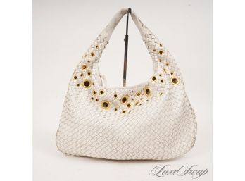 YOU KNOW WHAT THEYRE GONNA THINK! ANONYMOUS WHITE LEATHER INTRECCIO BASKETWEAVE LEATHER GOLD GROMMET HANDBAG