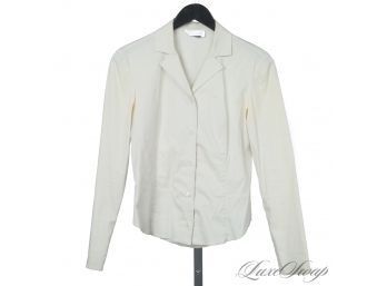 ICONIC : PRADA MADE IN ITALY ECRU PALE KHAKI STRETCH COTTON FITTED BLOUSE SHIRT 38 / S