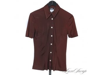 OMG GORGEOUS! DOLCE & GABBANA CHOCOLATE DRAPED SLINKY SATIN WOMENS SHORT SLEEVE CAMP SHIRT 38