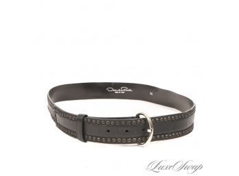 OSCAR DE LA RENTA MADE IN ITALY BLACK NAPPA LEATHER EMBROIDERED TRIM SILVER BUCKLE BELT 90 / 36