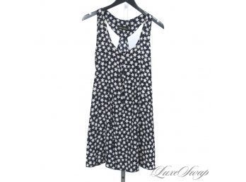 GOD BLESS THE USA : LIKE NEW ALISHA LEVINE NAVY BLUE RACER BACK TANK TOP IN ALLOVER STAR PRINT - PURE SILK! L