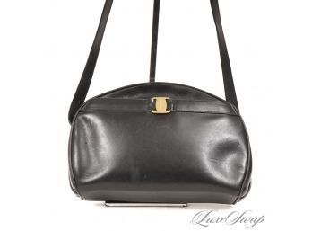 SOOOO SOFT! AUTHENTIC SALVATORE FERRAGAMO BLACK NAPPA LEATHER ZIP TOP CROSSBODY BAG W/GOLD BUCKLE