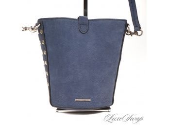 VIRTUALLY BRAND NEW REBECCA MINKOFF NAVY BLUE NUBUCK ULTRA RECENT CROSSBODY STUDDED BUCKET FEEDER BAG