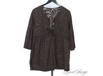 MIAMI READY : NEAR MINT J. CREW BROWN LIGHTWEIGHT VOILE TROPICAL CINCHWAIST SPLIT NECK TUNIC TOP