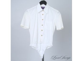 RALPH LAUREN PURPLE LABEL COLLECTION MADE IN USA WHITE STRETCH POPLIN GOLD BUTTON S/S SHIRT 4