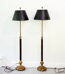 Pair Adjustable Brass And Faux Tortoise Floor Lamps