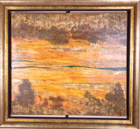 An Orange And Umber Layered Abstract Painting In Custom Wooden Frame