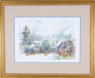 A Pastoral Landscape Print In Custom Gold Wooden Frame