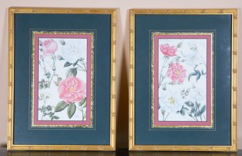 A Pair Of Pink And White 18th Century Style Floral Prints In Matching Custom Gold Frames