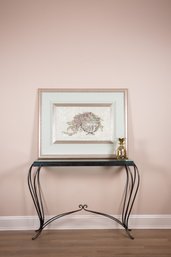 An Italianate Color Print Of Draped Fuschia On Marbled Arches Paper In Custom Silver Painted Wooden Frame