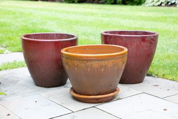 Three Glazed Pottery Outdoor Planters