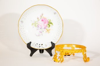 Italian Handpainted Bowl On Gilt Metal Stand