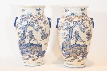 Pair Blue & White Glazed PorcelainToile Decorated Vases