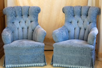 Pair Upholstered Tufted Rolled Back And Arm Chairs.