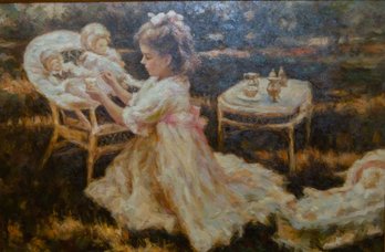 Oil Painting Young Girl With Dolls In A Carved Gilt Frame