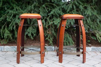 A Pair Of Barrel Slat Oak Stools