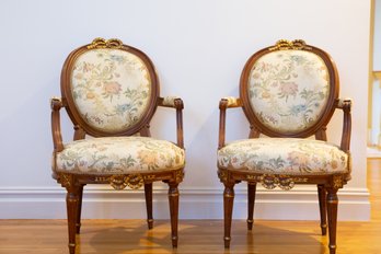 Pair Louis XVI Style Fauteuils Silk Upholstered Armchairs