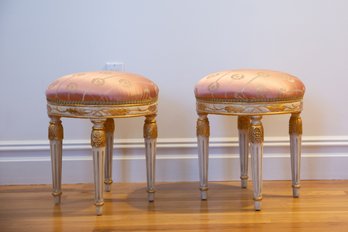 Pair Elegant Louis XVI Upholstered Round Stools