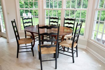 Hand Made Plank Wood Dining Table (Wright Table Co.) & Six Black Ladder Back Chairs