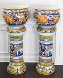 Pair Of Large Italian Da Lena Ravello Majolica Tin Glazed Earthenware Jardinare & Pedestal