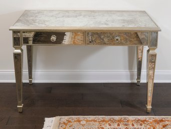 Julia Gray Mirrored Bureau Plat With Silver Wood Banding