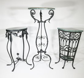 Three Black Iron And Green Marble Top Stands