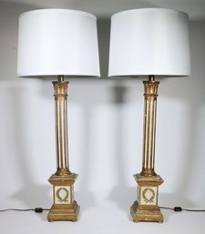 A Pair Of Wood Column Form Table Lamps