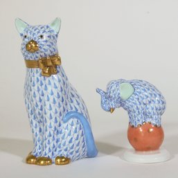 Two Pieces Herend Porcelain Figures Cat & Circus Elephant