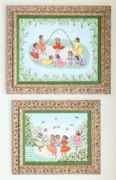 Two Haitian Original Paintings Oils On Canvas  Children Playing By Francoise Jean