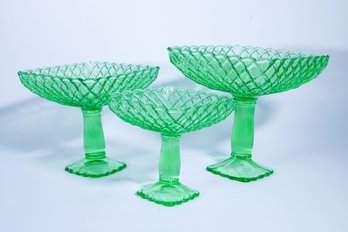 Three Green Glass Basket Weave Compotes