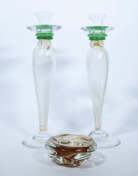 A Pair Of Italian Art Glass Candlesticks & Dish