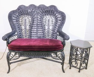 An All Weather Victorian Style Wicker Settee And Side Table