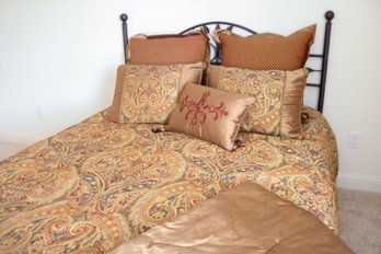 A Spice Colored Paisley Bed Ensemble & A Hollow Painted Metal Head Board