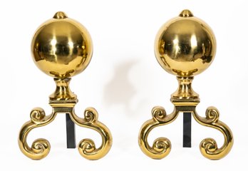 Pair Of Contemporary Brass Cannonball Andirons