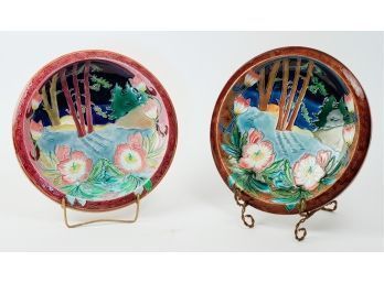 Pair Of Scenic Landscape Majolica Bowls