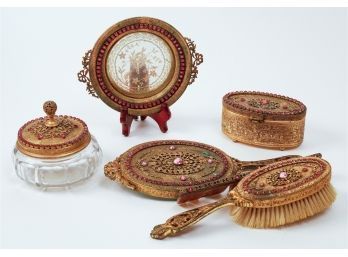 6pc Jeweled Gilt Metal Dresser Set