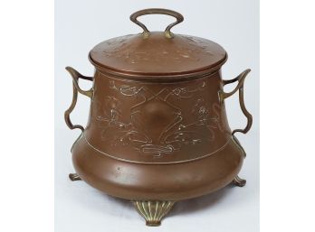 Art Nouveau Covered Copper Handled Coal Hod Raised On Brass Feet