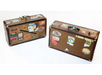 Pair Of Vintage Travel Suitcases W/ Vintage Destination Stickers